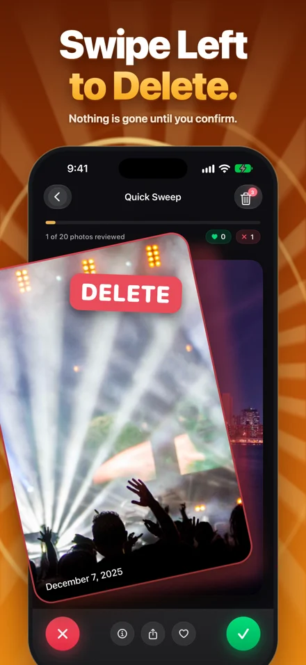 App screenshot: swipe to review photos